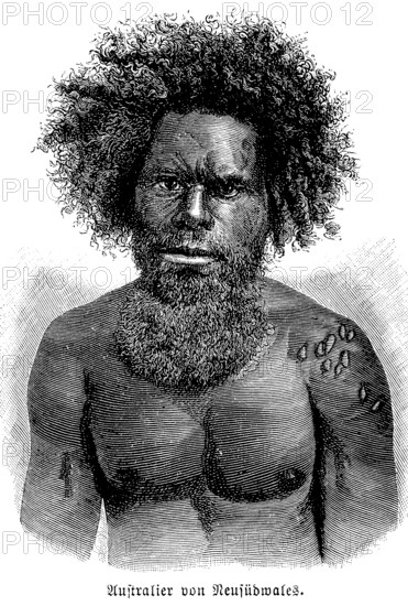 Australian from New South Wales, New South Wales, portrait of a young man, face, indigenous ethnicity, full beard, scars, tattoos, free upper body, historical illustration 1896