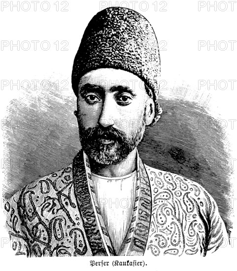 Persian from Caucasia, portrait of a middle-aged man, face, full beard, headgear, coat with ornaments, brisk look, historical illustration 1896