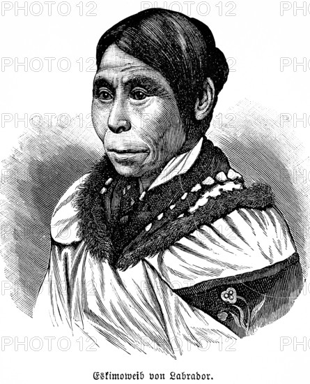 Eskimo woman from Labrador, Inuit, portrait of elderly woman, Canada, indigenous ethnicity, face, straight dark hair, warm clothes, smile, historical illustration 1896