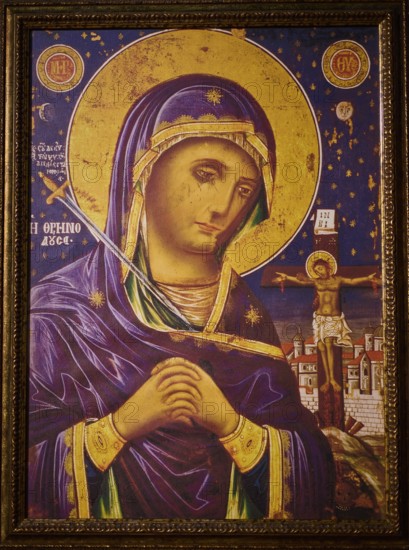 Panagia Kyra Church, Panagia tou Kastrou, Detailed Icon of the Holy Mary with golden and purple elements, Pandeli Castle, Castle, Leros Fortress, St John's Fortress, Apitiki Hill, Pandeli Bay, Agia Marina, Leros, Dodecanese, Greek Islands, Greece