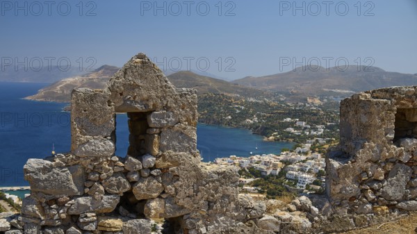View of ancient ruins with background of blue sea and mountains in Mediterranean, Pandeli Castle, Castle, Leros Fortress, St John's Fortress, Apitiki Hill, Pandeli Bay, Agia Marina, Leros, Dodecanese, Greek Islands, Greece