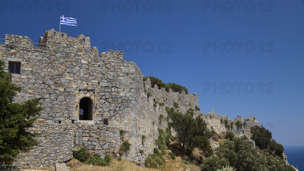 Stone-walled castle stretches across the landscape, Pandeli Castle, Castle, Leros Fortress, St John's Fortress, Apitiki Hill, Pandeli Bay, Agia Marina, Leros, Dodecanese, Greek Islands, Greece