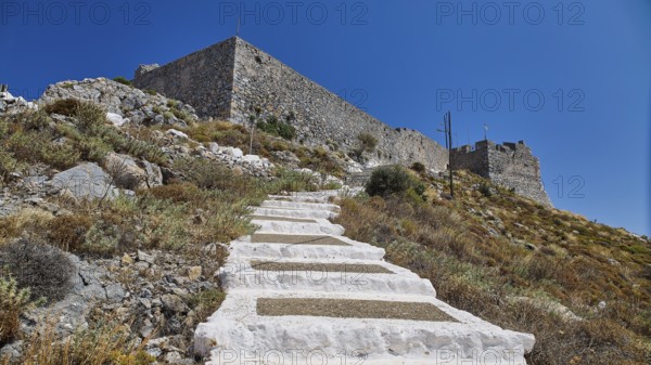 Stone staircase leads through nature to the castle, Pandeli Castle, Castle, Leros Fortress, St John's Fortress, Apitiki Hill, Pandeli Bay, Agia Marina, Leros, Dodecanese, Greek Islands, Greece