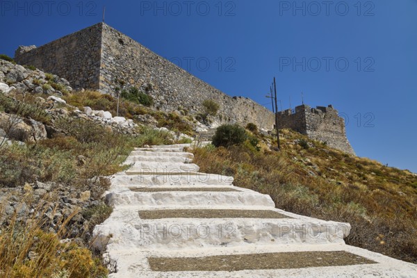 White staircase ascends to the castle wall, Pandeli Castle, Castle, Leros Fortress, St John's Fortress, Apitiki Hill, Pandeli Bay, Agia Marina, Leros, Dodecanese, Greek Islands, Greece