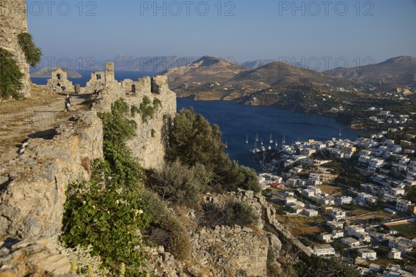 Picturesque ruins on a hill overlooking a coastal town and the sea, Pandeli Castle, Castle, Leros Fortress, St John's Fortress, Apitiki Hill, Pandeli Bay, Agia Marina, Leros, Dodecanese, Greek Islands, Greece