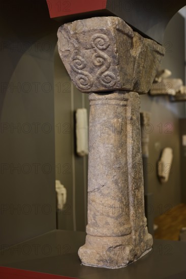 Decorated stone column with relief details, exhibited in a museum, Archaeological Museum, Agia Marina, Leros, Dodecanese, Greek Islands, Greece