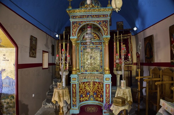 Panagia Kyra, Panagia tou Kastrou, Magnificent altar in blue church with religious icons, Pandeli Castle, Castle, Leros Fortress, St John's Fortress, Apitiki Hill, Pandeli Bay, Windmills, Leros, Dodecanese, Greek Islands, Greece