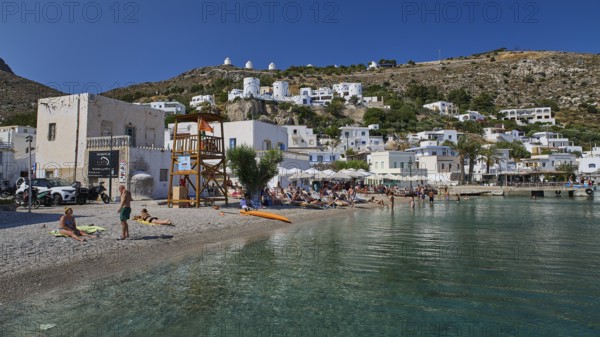 Coastal town with beaches and houses on the hillside under a clear sky, Pandeli Beach, Pandeli Castle, Castle, Leros Fortress, St John's Fortress, Apitiki Hill, Pandeli Bay, Windmills, Leros, Dodecanese, Greek Islands, Greece
