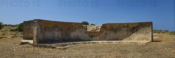 Ancient concrete ruins under a blue sky, Lost Place, Air Defence Position, Aerophone, Parabolic Acoustic Mirror, Patella Mountain, WW2, west of Lakki, Leros, Dodecanese, Greek Islands, Greece