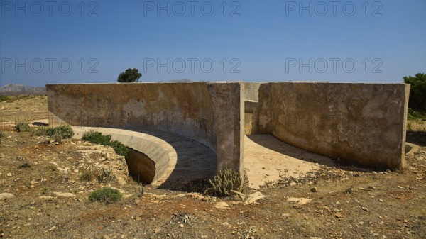 Abandoned concrete walls in dry environment, Lost Place, Air Defence Position, Aerophone, Parabolic Acoustic Mirror, Patella Mountain, WW2, west of Lakki, Leros, Dodecanese, Greek Islands, Greece