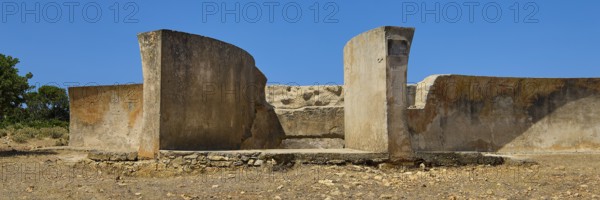 Dilapidated concrete wall structures in a dry, sunny environment, Lost Place, Air Defence Position, Aerophone, Parabolic Acoustic Mirror, Patella Mountain, WW2, west of Lakki, Leros, Dodecanese, Greek Islands, Greece