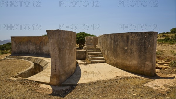 Crumbling concrete walls with stairs in a barren environment, Lost Place, Air Defence Position, Aerophone, Parabolic Acoustic Mirror, Patella Mountain, WW2, west of Lakki, Leros, Dodecanese, Greek Islands, Greece
