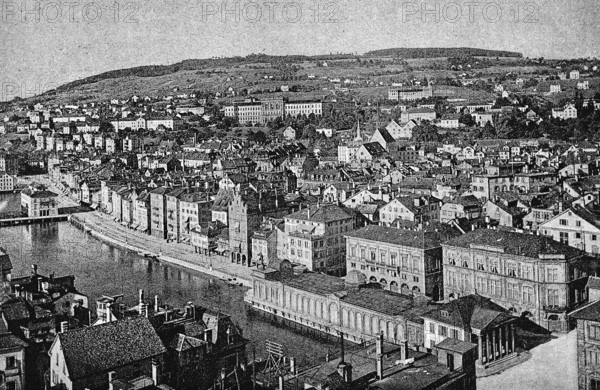 Cityscape of Zurich, view from the old town church of St Peter, old town on the Limmat, mountain, Switzerland, historical illustration 1896