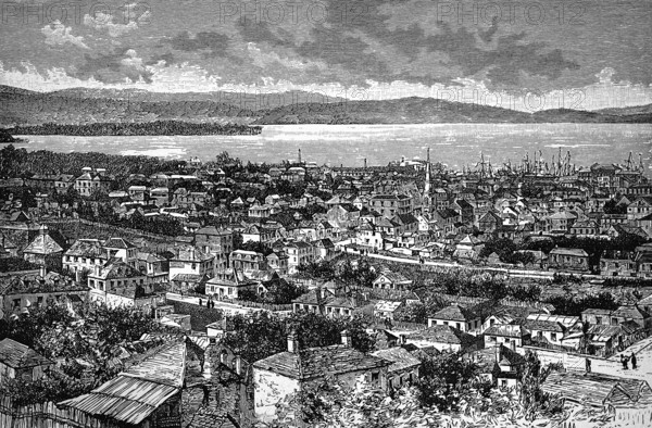 Cityscape of Hobart on the River Derwent, church in the centre, low buildings, harbour with tall ships, mountain landscape, Tasmania, Australia, historical illustration 1896
