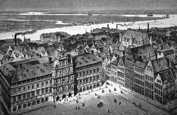 View over the historic centre of Antwerp on the river Scheldt, in front the Grote Markt, Great Market with gabled houses and Stadhuis, the town hall, industrial plants, smoking chimneys, ships, Flanders, Belgium, historical illustration 1896