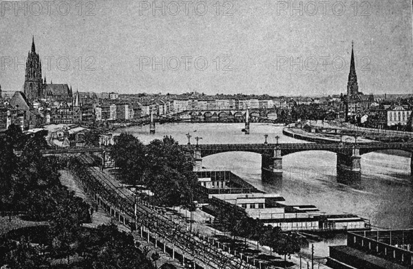 Frankfurt am Main, St Bartholomew's Cathedral (right), bridge, railway tracks, banks of the Main, Hesse, Germany, historical illustration 1896