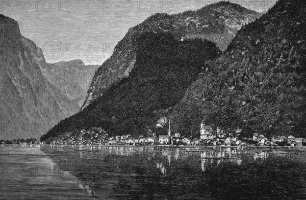 Hallstatt at Lake Hallstatt, Salzkammergut, UNESCO World Heritage Cultural Landscape Hallstatt-Dachstein-Salzkammergut, mountain landscape, steep mountain slopes, churches, water reflection, Austria, historical illustration 1896