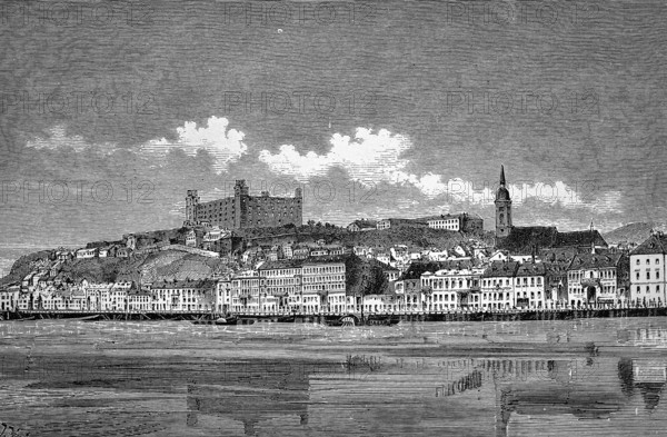 Capital Bratislava or Pressburg on the Danube, landmark Bratislava or Pressburg Castle, Slovakia, hill, cityscape with promenade, row of houses, church, water reflection, historical illustration 1896