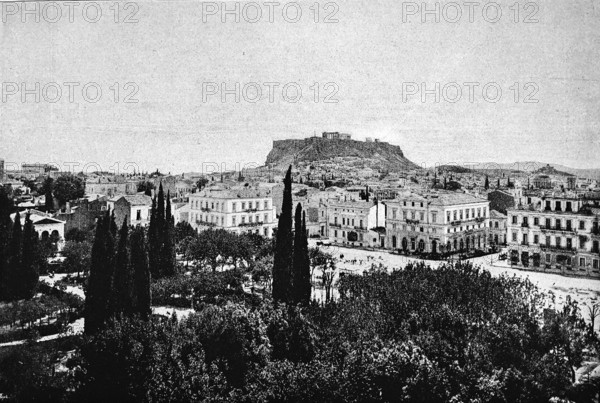 Cityscape of Athens with the Acropolis, city fortress of antiquity, villas, park, Greece, historical illustration 1896