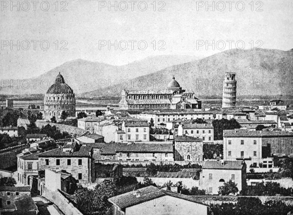 Cityscape of Pisa with campanile of the cathedral, leaning tower, baptistery, mountains, Tuscany, Italy, historical illustration 1896
