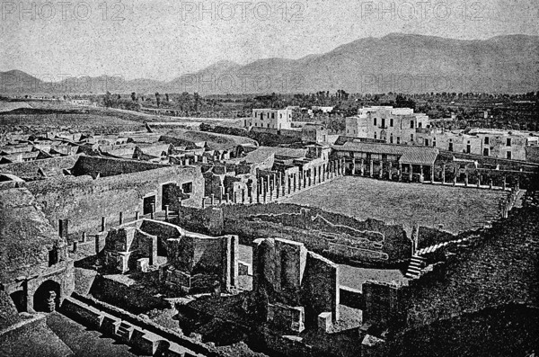 View over the archaeological excavations of Pompeii or Pompeii, ancient city at Vesuvius, Campania, Italy, historical illustration 1896