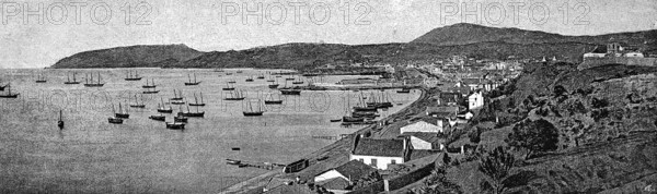 Setúbal or Sanct Ybes on the Atlantic Ocean, bay with many tall ships at anchor, mountain landscape, Lisbon region, Estremadura, Portugal, historical illustration 1896