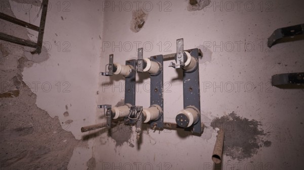 Lost Place, close-up of old electrical connections in a dilapidated building, Radio Station, WW2, Agios Nikolaos Radio, Agia Marina, Leros, Dodecanese, Greek Islands, Greece