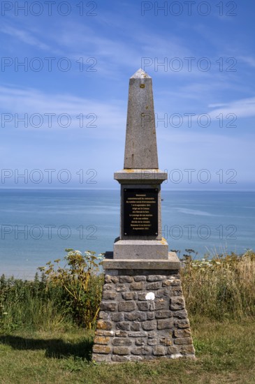 Memorial, monument in honour of the naval battle La Bataille d'Arromanches against three English warships, Arromanches-les-Bains, Normandy, Calvados, France