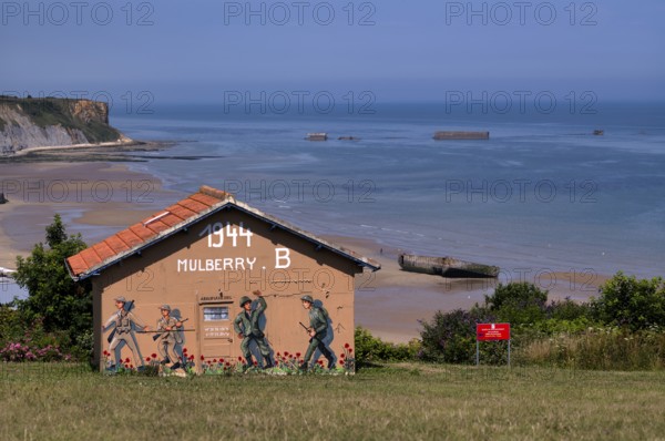 Shack depicting the Allied landing, Phoenix Caissons, caissons, concrete boxes, were used in the sea as breakwaters and to form an improvised harbour, Mulberry B Harbour, Mulberry Harbour, Port Winston, Gold Beach, beach, D-Day, Operation Overlord, Arromanches-les-Bains, Normandy, Calvados, France