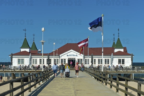 Restaurant on the historic pier in the Baltic seaside resort of Ahlbeck, Usedom Island, Mecklenburg-Vorpommern, Germany