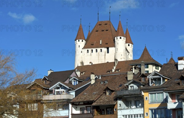 The castle rises above the old town, Thun, Canton of Bern, Switzerland
