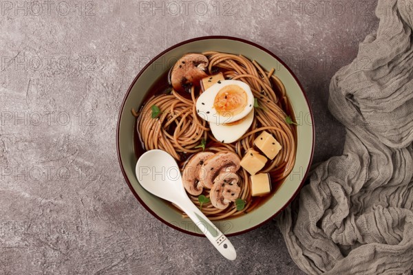 Asian soba soup, with mushrooms and egg, cheese, sesame seeds, homemade, no people