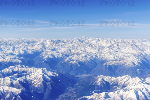 Alps panorama mountains with snow in winter with Matterhorn and Mont Blanc near Domodossola, Italy