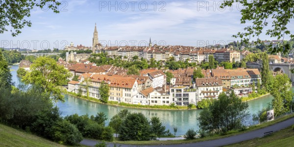 Bern City on the River Aare Old Town with Church Bern Cathedral Panorama in Bern, Switzerland