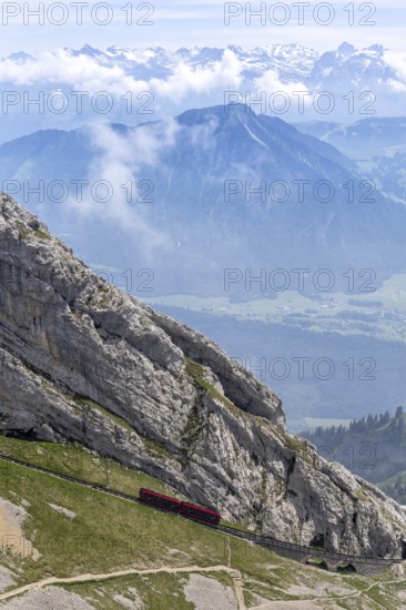 Pilatus railway cogwheel railway just in front of the summit of Mount Pilatus in the Swiss Alps in Pilatus, Switzerland