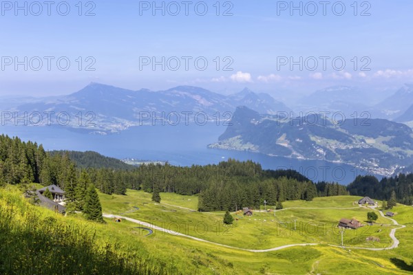 View from Fräkmündegg on Mount Pilatus to Lake Lucerne in the Swiss Alps in Pilatus, Switzerland