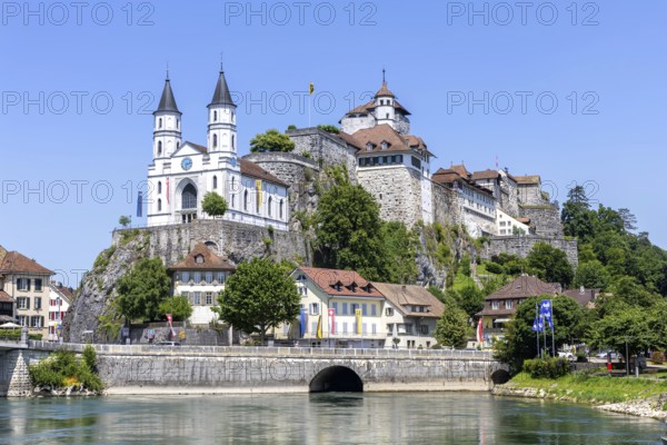 Aarburg town on the river Aare with church, fortress in Aarburg, Switzerland
