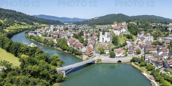 Aarburg town on the river Aare with church and fortress Aerial view panorama from above in Aarburg, Switzerland
