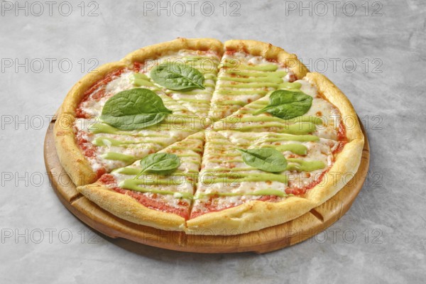 A vegetarian pizza showcases a golden crust topped with tomato sauce, melted cheese, and vibrant green sauce. Fresh spinach leaves add a pop of color, inviting taste and enjoyment