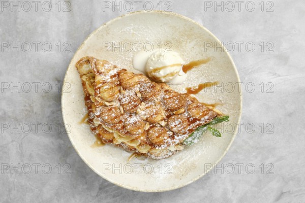 A beautifully plated dessert showcases a crispy pastry filled with caramelized bananas, dusted with powdered sugar and accompanied by a scoop of vanilla ice cream, perfect for any sweet lover