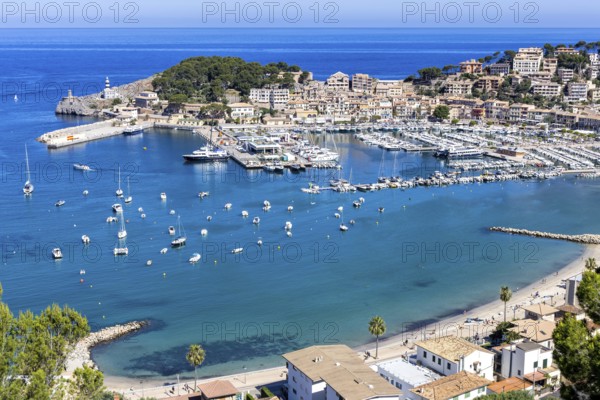 Port de Soller on Majorca from above holiday by the sea beach harbour with boats trip in Port de Sóller, Spain