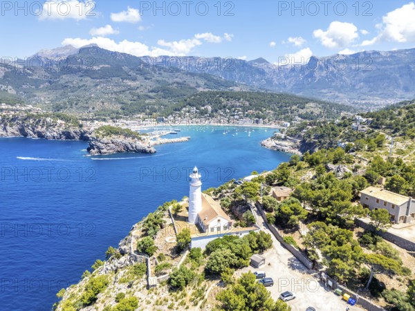 Port de Soller on Majorca with lighthouse aerial view holiday by the sea trip in Spain