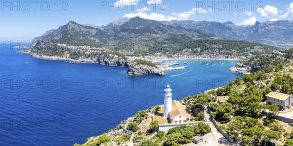 Port de Soller on Majorca with lighthouse aerial view panorama holiday by the sea trip in Spain
