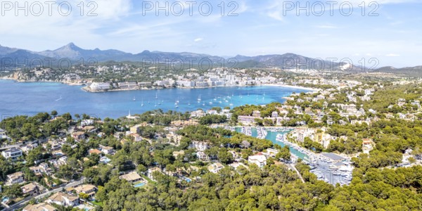 Santa Ponsa on Majorca aerial view from above holiday by the sea beach bay with boats travel panorama in Santa Ponsa, Spain