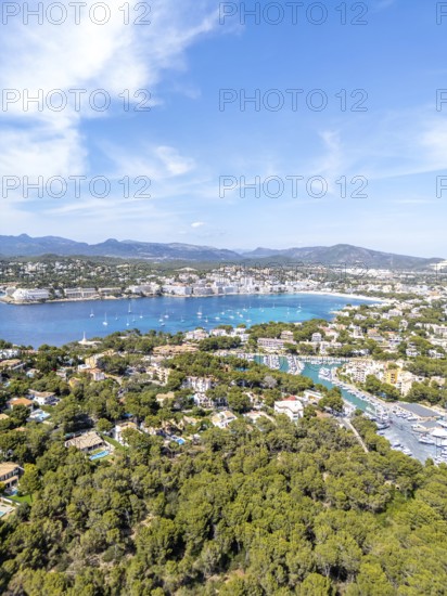 Santa Ponsa on Majorca aerial view from above holiday by the sea beach bay with boats trip in Santa Ponsa, Spain