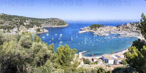 Port de Soller on Majorca from above holiday by the sea beach harbour with boats panoramic trip in Port de Sóller, Spain
