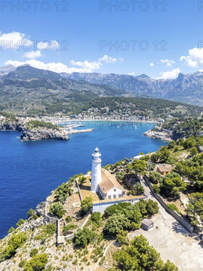 Port de Soller on Majorca with lighthouse aerial view holiday by the sea trip in Spain