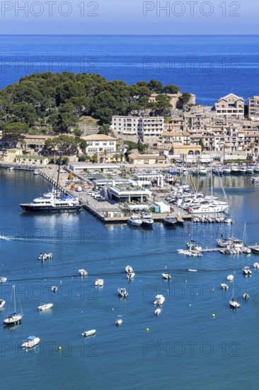 Port de Soller on Majorca from above Holiday by the sea harbour with boats trip in Port de Sóller, Spain
