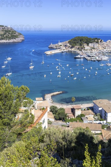 Port de Soller on Majorca from above holiday by the sea beach harbour with boats trip in Port de Sóller, Spain