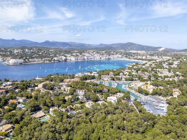 Santa Ponsa on Majorca aerial view from above holiday by the sea beach bay with boats trip in Santa Ponsa, Spain
